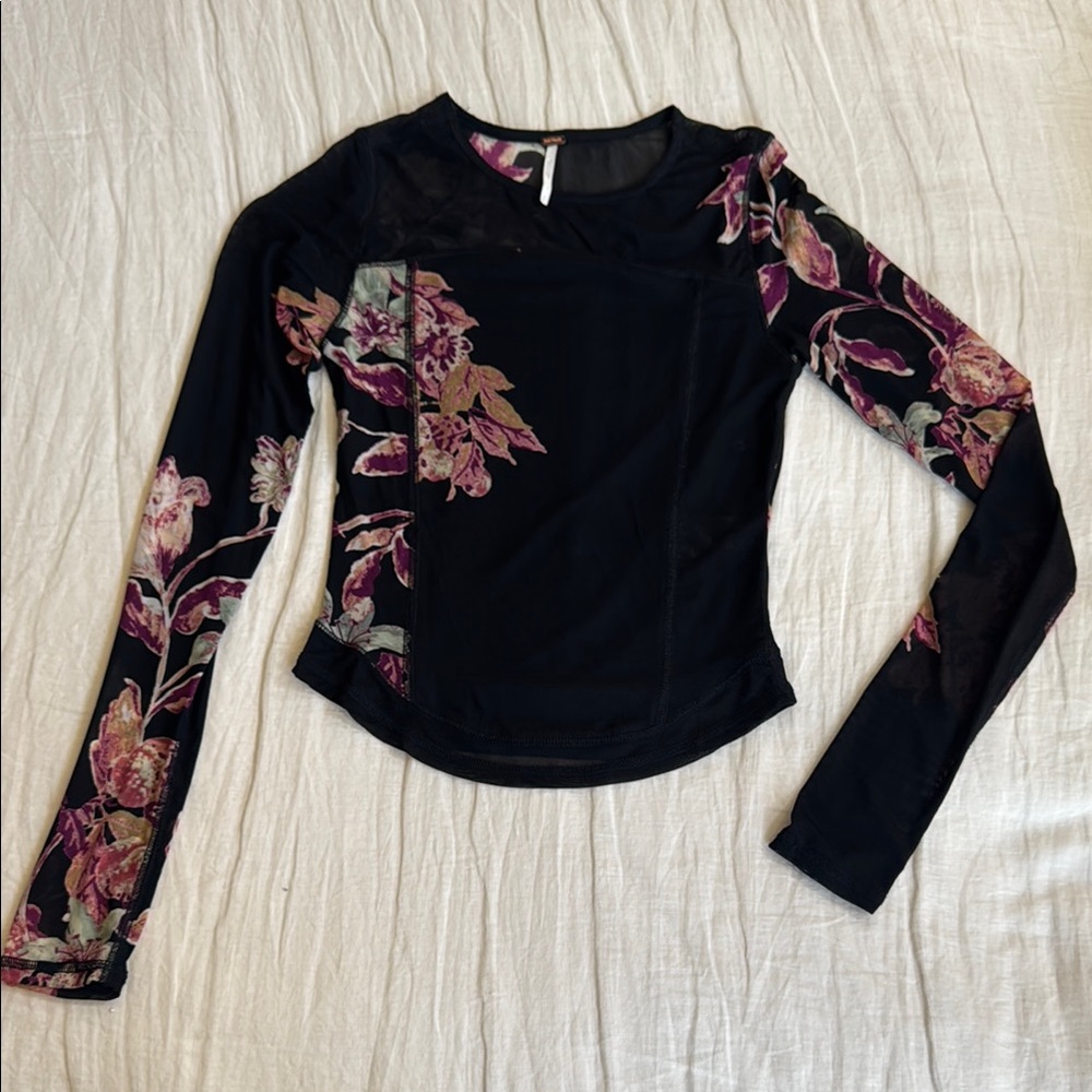 NWOT Free People Black Floral Long Sleeve Blouse